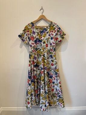 Floral V-Neck Cotton Fit & Flare Dress - White with Multi-Color Flowers